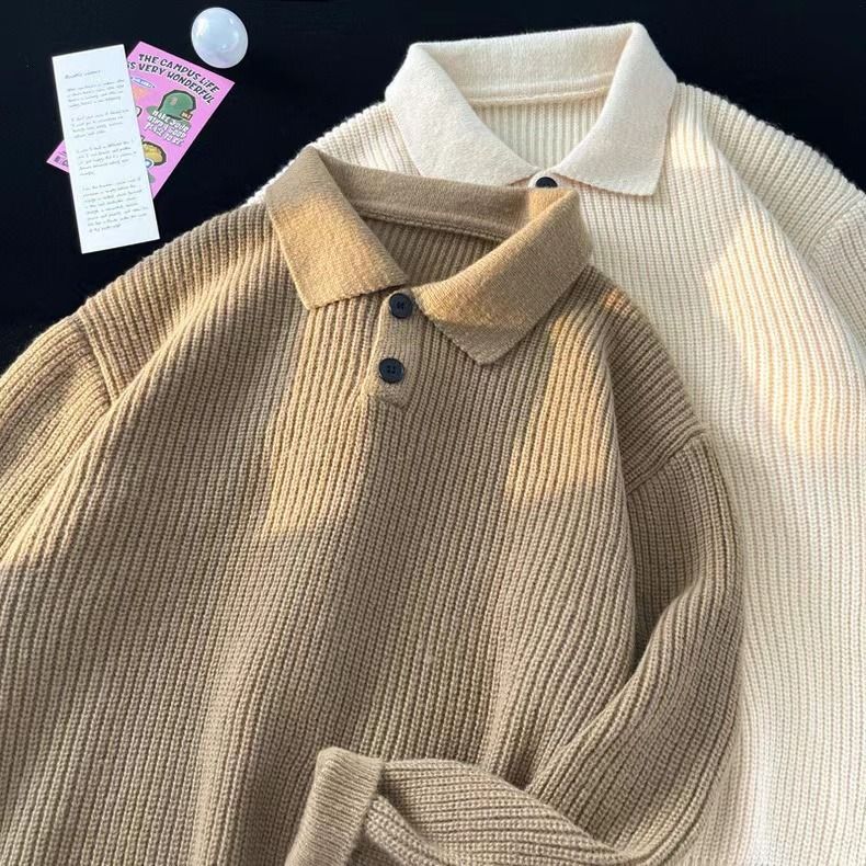 Moška oblačila retro pulover s polo ovratnikom moški jesenski in zimski prevelik enobarvni pleteni pulover nov pulover s spodnjim robom_voghion.com