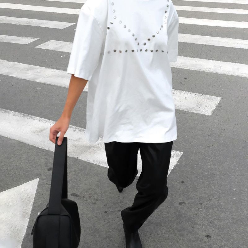 Shi Ying Summer New Rivet Loose Top Donna Solido Girocollo Bikini Design Grande Edizione T-shirt_voghion.com