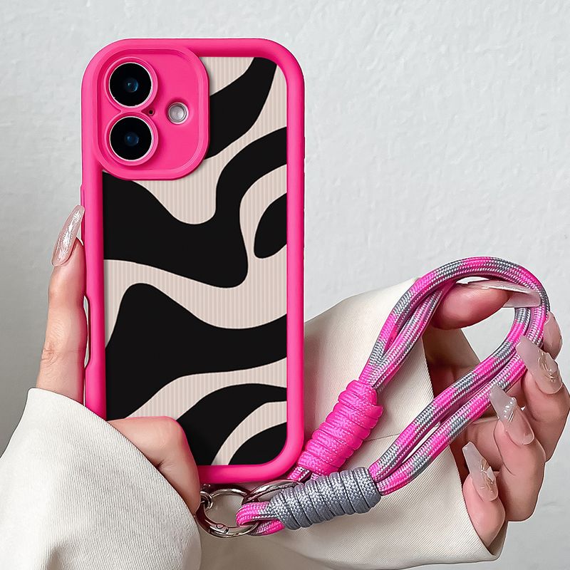 Étui de téléphone avec dragonne pour iPhone 16 Pro Max Plus, motif zébré à rayures et treillis, en TPU souple, avec sangle de suspension et coque antichoc_voghion.com