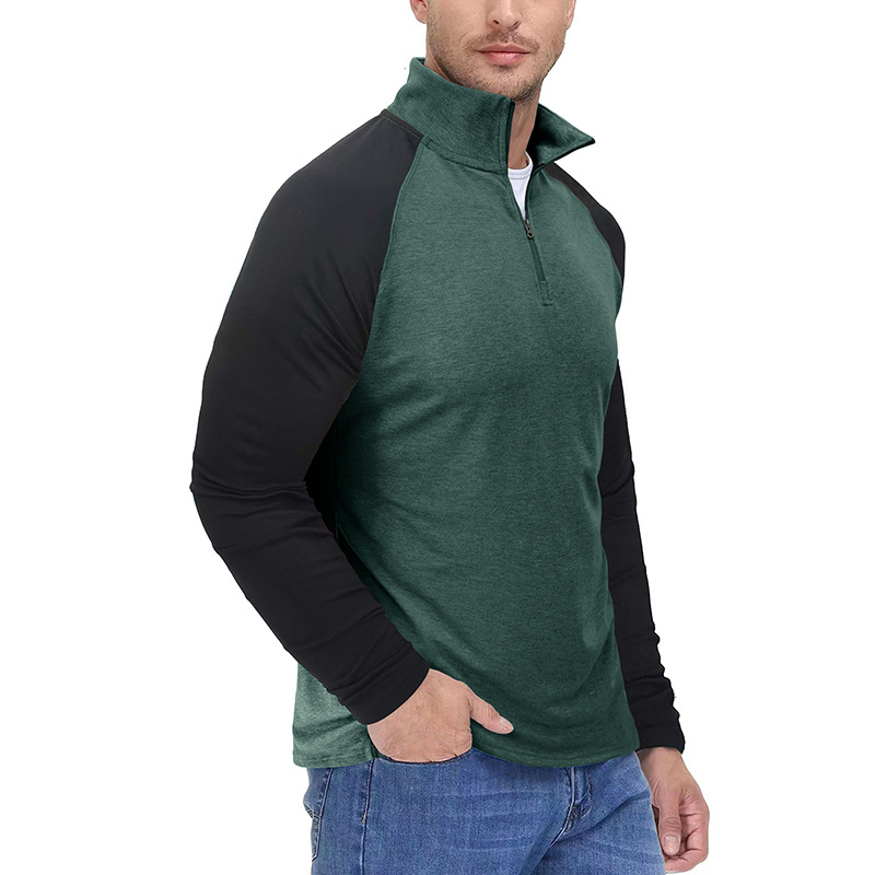 long sleeved zippered high neck sweatshirt Men's pullover color matching standing collar outdoor sweater_voghion.com