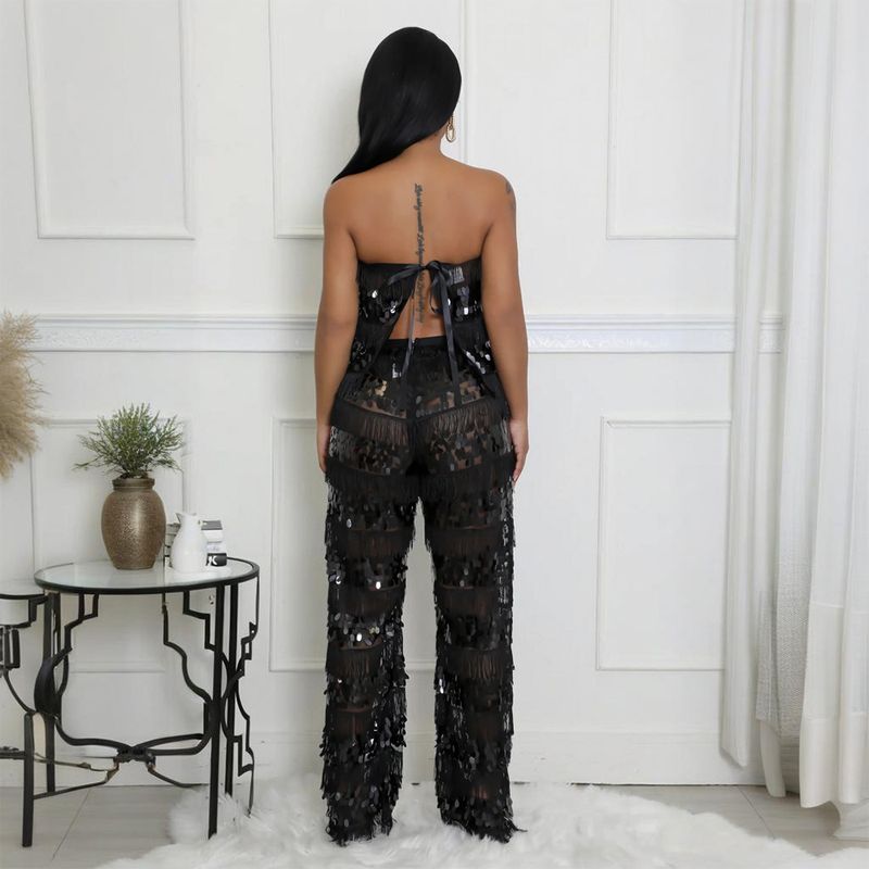 Conjunto de top corto sin tirantes y pantalón ancho: un conjunto sexy y chic de dos piezas para mujer_voghion.com