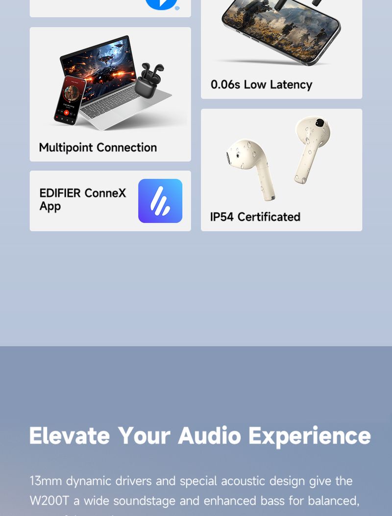 Auricolari Edifier W200T True Wireless 5.4, cuffie semi-in-ear, auricolari Bluetooth TWS con durata della batteria di 32 ore_voghion.com