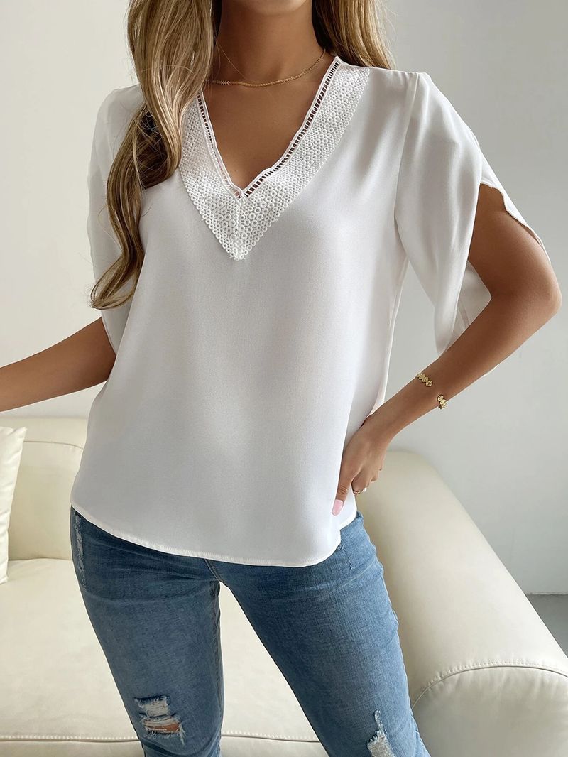 Kvinders forår og sommer ny V-hals blonde ensfarvet top temperament kortærmet chiffon skjorte til kvinder_voghion.com