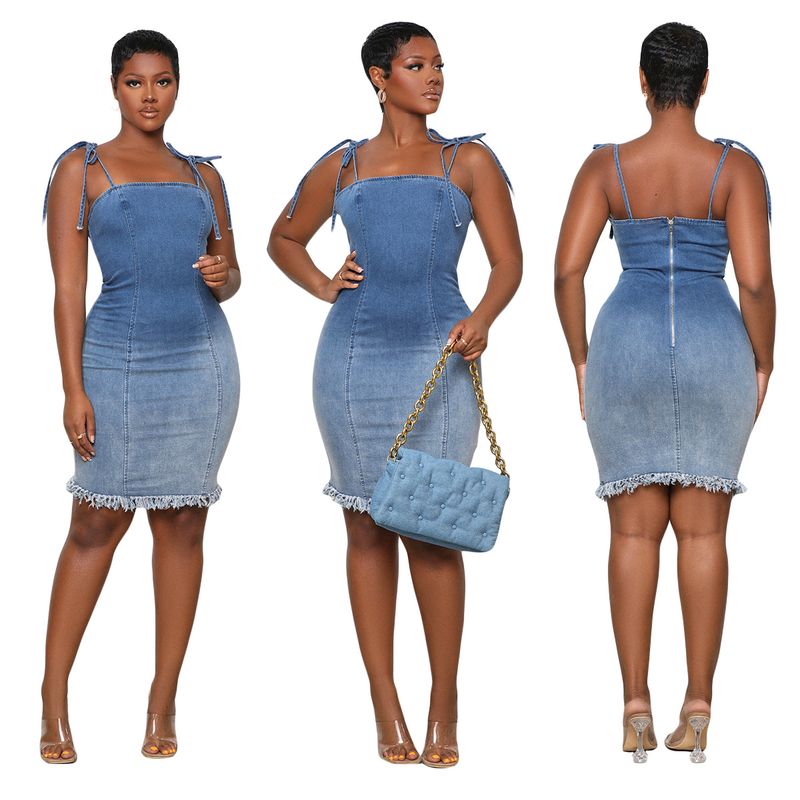 Abito in denim sottile, medio lungo, alla moda, da donna, con borsa allacciata alla caviglia, con bordo grezzo_voghion.com
