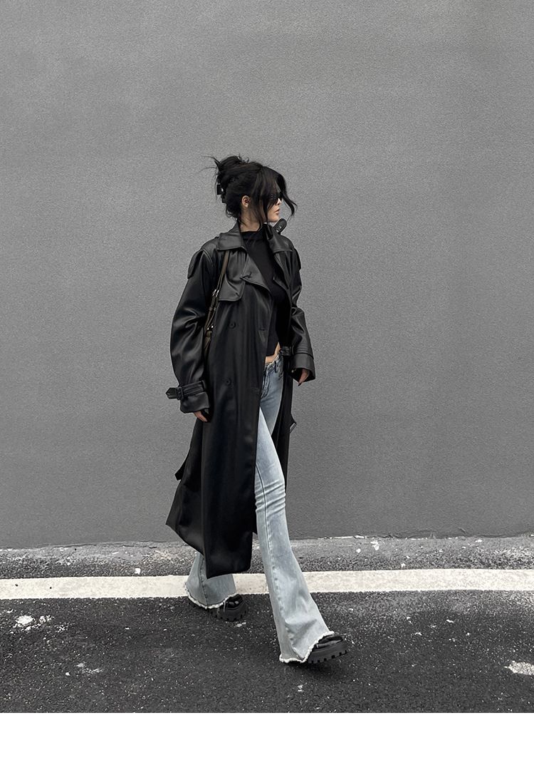 Veste en cuir PU mi-longue noire pour femmes, coupe-vent ample en cuir, nouveau style haut de gamme, printemps et automne 2024_voghion.com