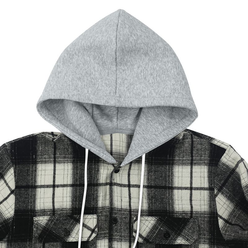 Herrenbekleidung Retro Herbst und Winter Kariertes Hemd Mit Kapuze Flanell Jacquard Freizeithemd_voghion.com