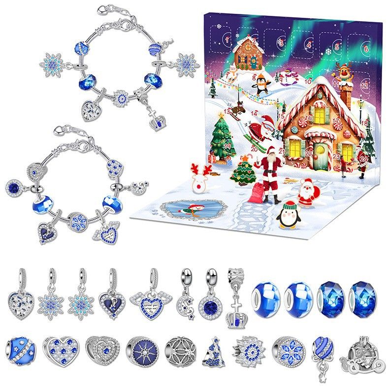 Kinder Cartoon Weihnachtsmann Blau Schneeflocke DIY Legierung Kristall Armband Set_voghion.com