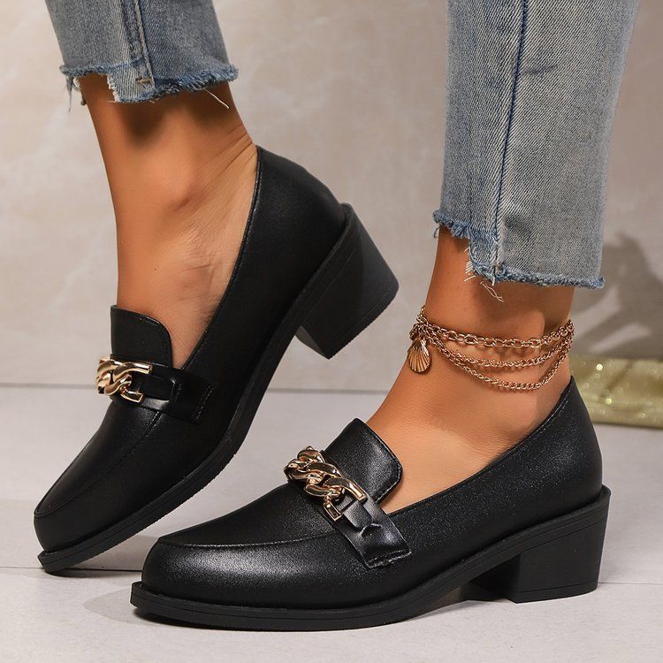 New Fashion Pointed Toe Set Thick Sole Fashion Casual Large Size Metal Chain Loafers_voghion.com