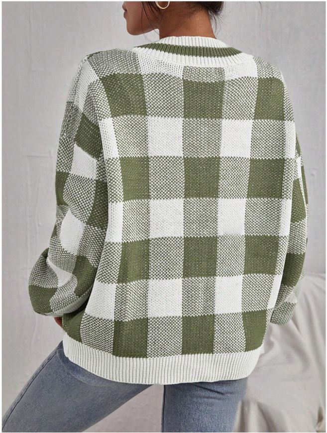 Maglione lavorato a maglia versatile a maniche lunghe con scollo a V, casual e scozzese, per donna, autunno inverno_voghion.com