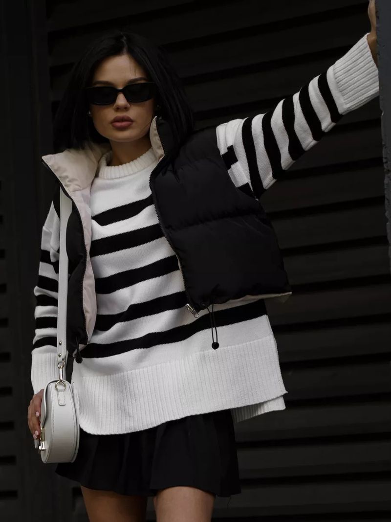 Maglione a righe in maglia – Pullover oversize con scollo rotondo (beige, nero, bianco, taglia unica)_voghion.com