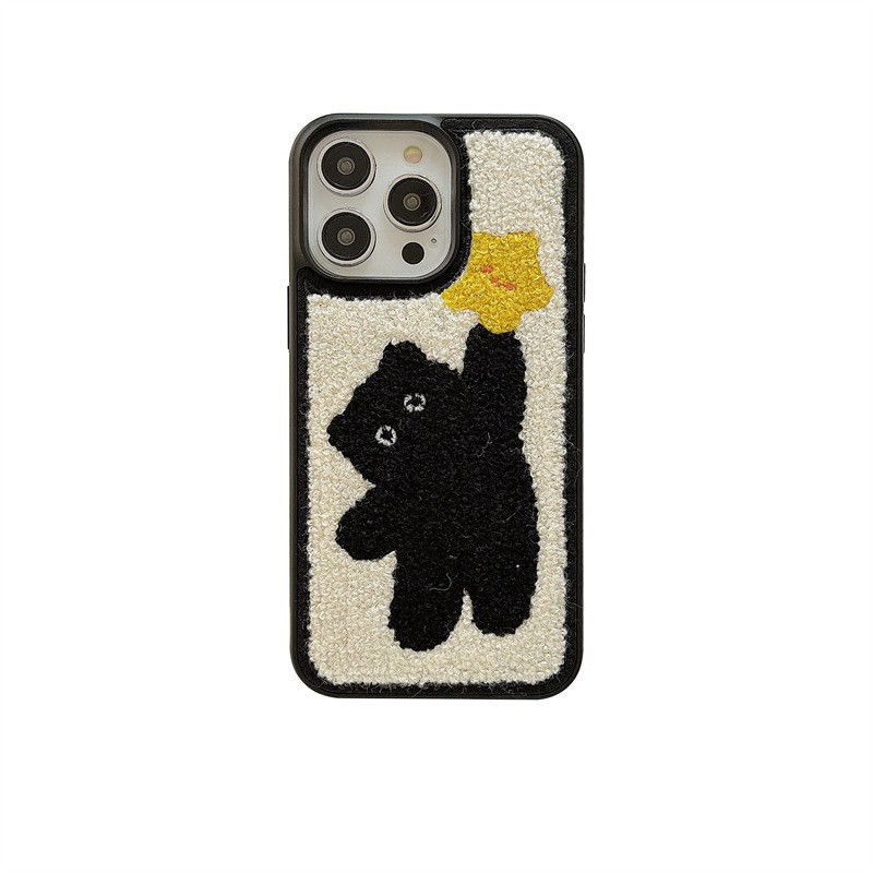 Custodia in peluche con stella ricamata e piccolo gatto nero compatibile con iPhone 15 Pro Max 16, 13, carina, 12, per donne e 14 anni_voghion.com