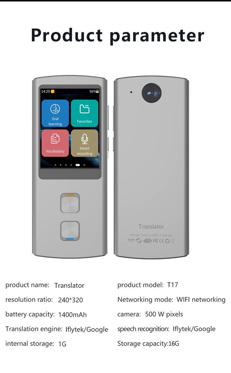Traductor de voz inteligente T17 con wifi y modo sin conexión, traducción de fotos para viajes y negocios, dispositivo multilingüe portátil._voghion.com