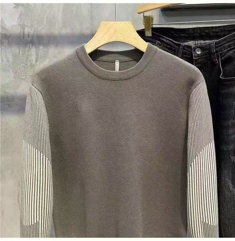 Suéter de punto a rayas para hombre, de moda, ajustado, con cuello redondo y diseño de bloques de color, informal y elegante para otoño e invierno._voghion.com