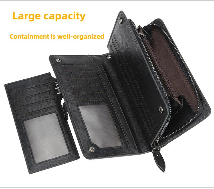 Lange Herrenbrieftasche von BAELLERRY, europäischer und amerikanischer Vintage-Stil, Design mit großer Kapazität, Clutch mit mehreren Kartenfächern, Business-Clutch mit Reißverschluss._voghion.com