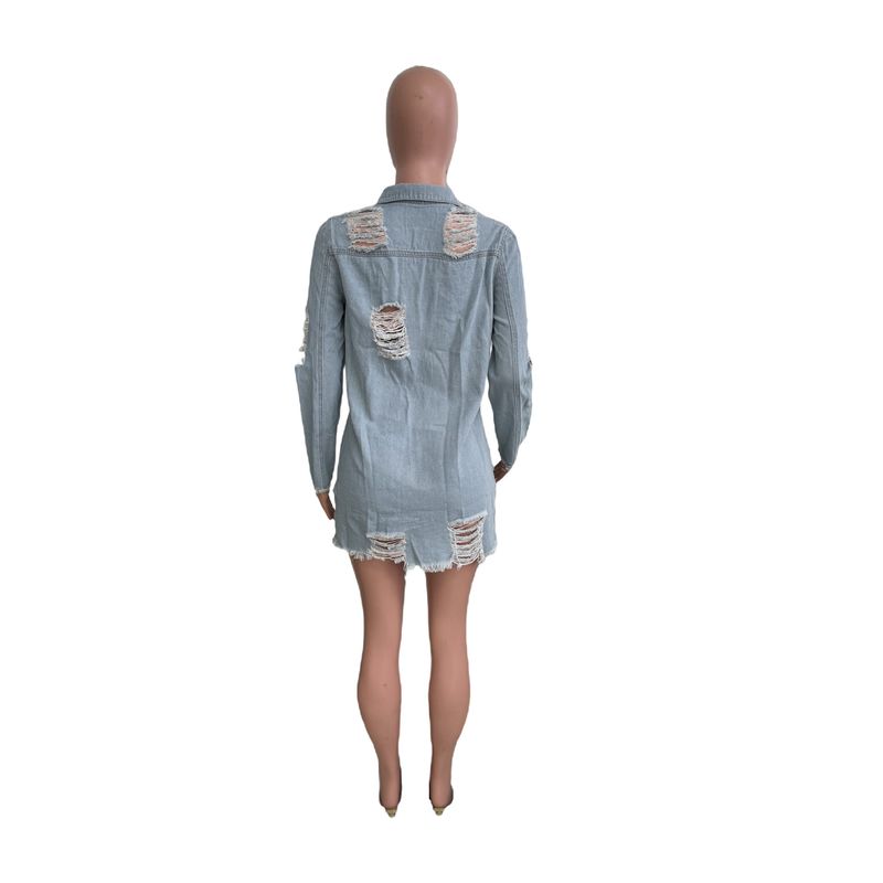 Palton din denim pentru femei, la modă, cu ciucuri, un singur rând de nasturi, cu găuri, lung, cu mânecă lungă, trench din denim_voghion.com