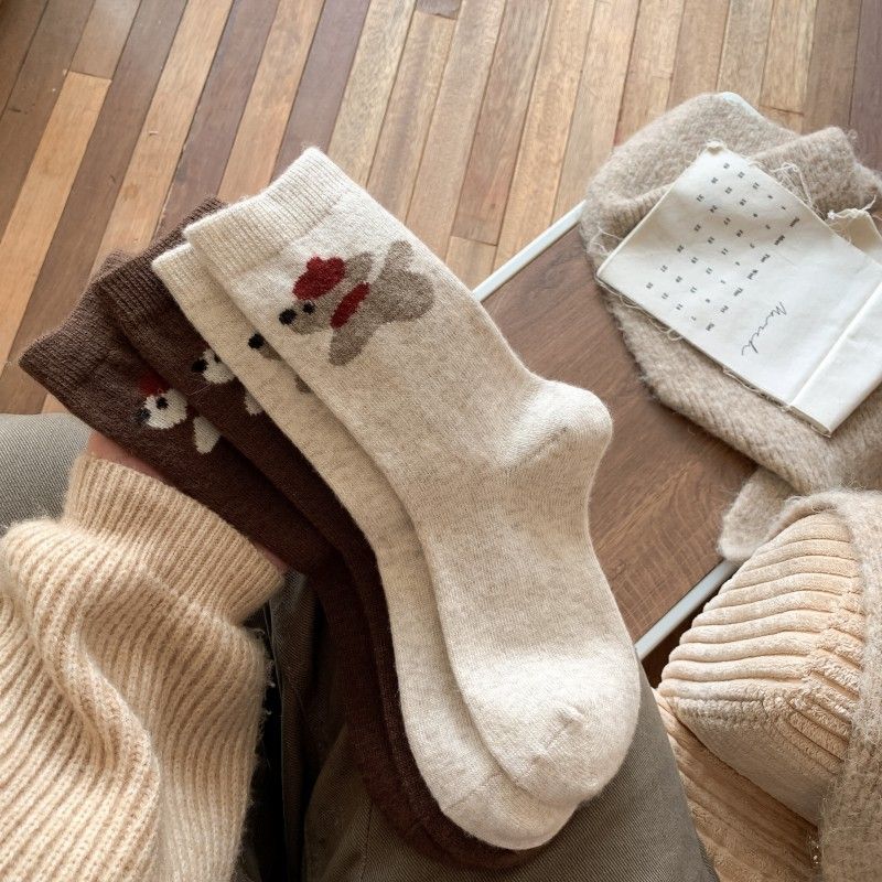 Calzini da donna color caffè senza cuciture, stile giapponese, caldi e spessi, a metà polpaccio, in lana, autunno e inverno, con simpatici cartoni animati, modello cucciolo_voghion.com