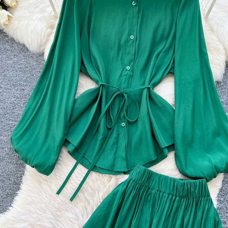 Abbigliamento da donna, abito da temperamento tinta unita, camicia con maniche a sbuffo primaverile da donna + gonna lunga sottile con elastico in vita_voghion.com