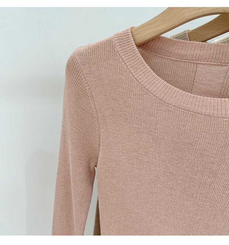 Green Long Sleeve Knitted T-Shirt For Women Summer 2024 New Simple Versatile Regular Shoulder Base Shirt Thin Style_voghion.com