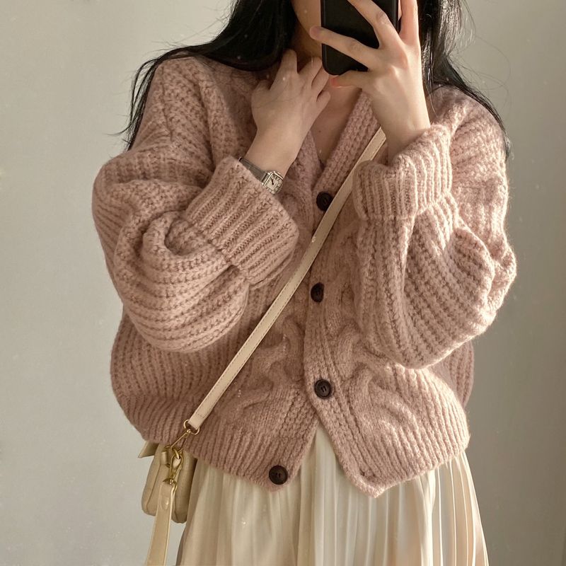 cardigan en tricot ample à col en V et manches bouffantes pour femme, style simple et décontracté, chic, automne_voghion.com