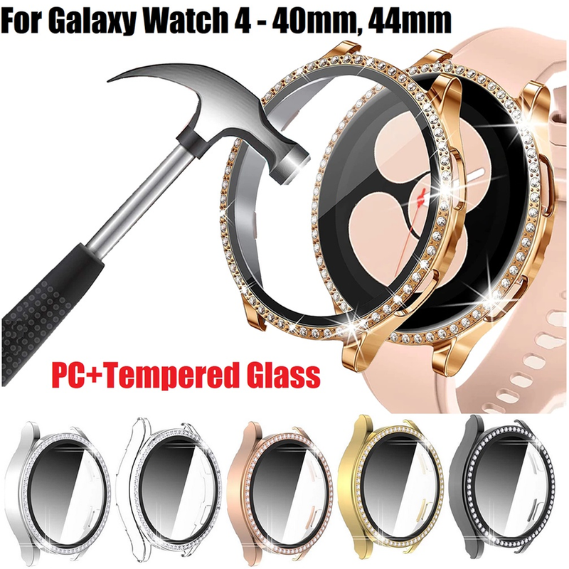 Glass+Case for Samsung Galaxy watch 4 44mm 40mm Accessories Bling Diamond PC bumper Shell +Screen protector Galaxy watch4 cover_voghion.com