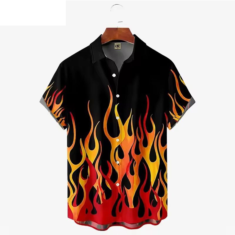 Herrenbekleidung Flammendruck Kurzarmhemd Mode Strandurlaub Revershemd Herren Sommer Button-Down-Hemd_voghion.com