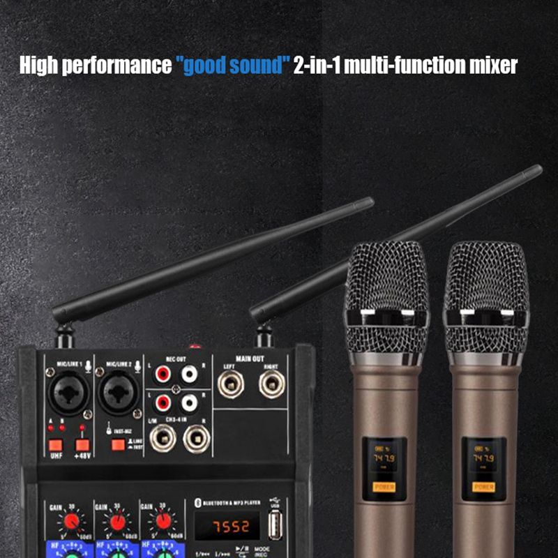 4-Kanal-Audio-Mixer-Konsole mit kabellosem Mikrofon, Soundmischung mit Bluetooth, USB-Mini-DJ-Mixer + kabelloses Karaoke_voghion.com