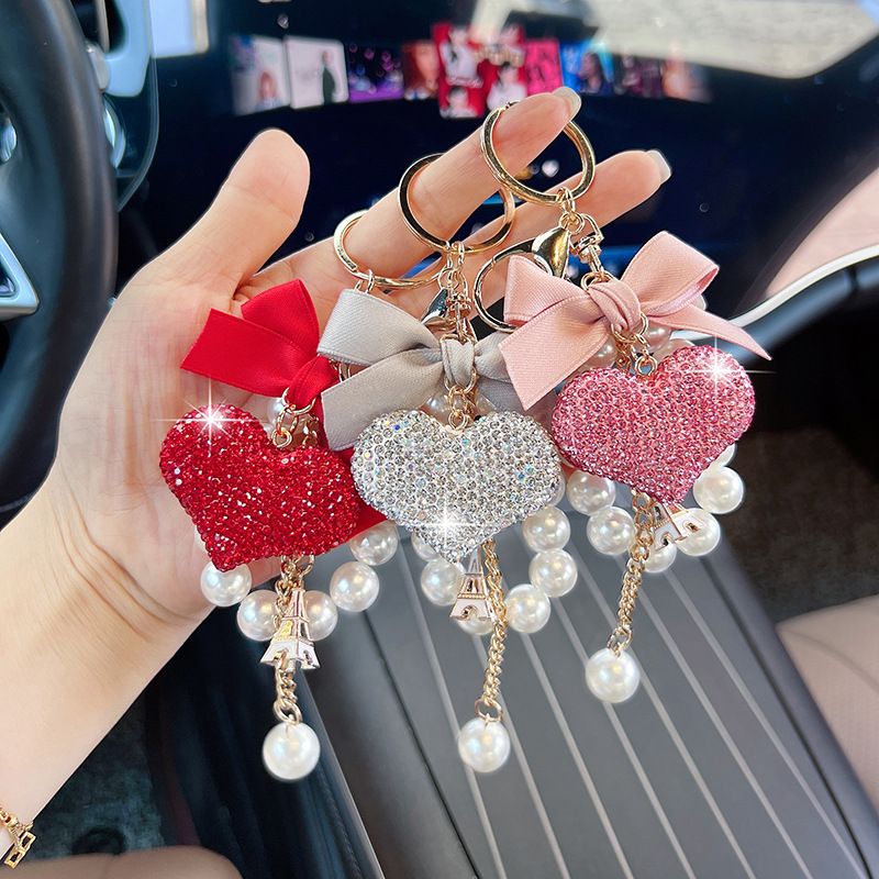 New Bowknot Pearl String Full Diamond Heart Korean Style Car Keychain Creative Bag Pendant_voghion.com