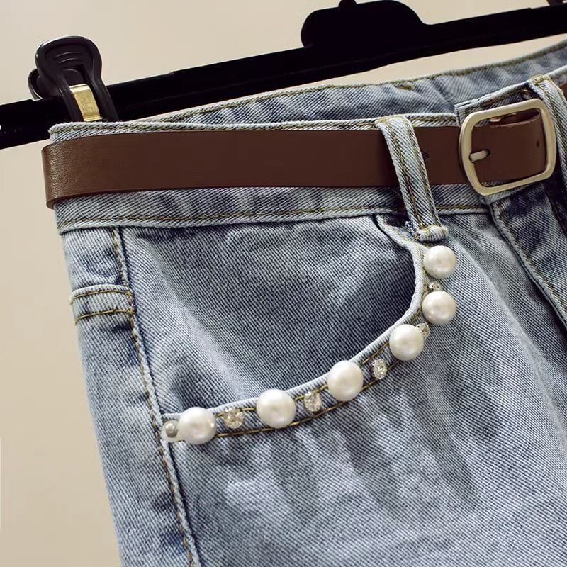 Damen Moud Short-sleeved Top Split Denim Rock Zwee-Stéck Set (Gürtel net abegraff)_voghion.com