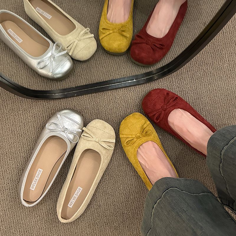 Retro Ballet Flat-soled Red Light-mouth Single Shoes Women's Suede Gentle Soft-soled Doudou Shoes One-pedal Ladyshoes_voghion.com
