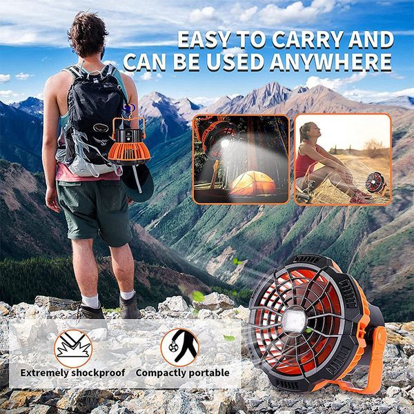 Ventilateur de camping LED 5200 mAh, rechargeable par USB, éclairage d'extérieur, lampe de plafond portable, batterie externe d'urgence_voghion.com