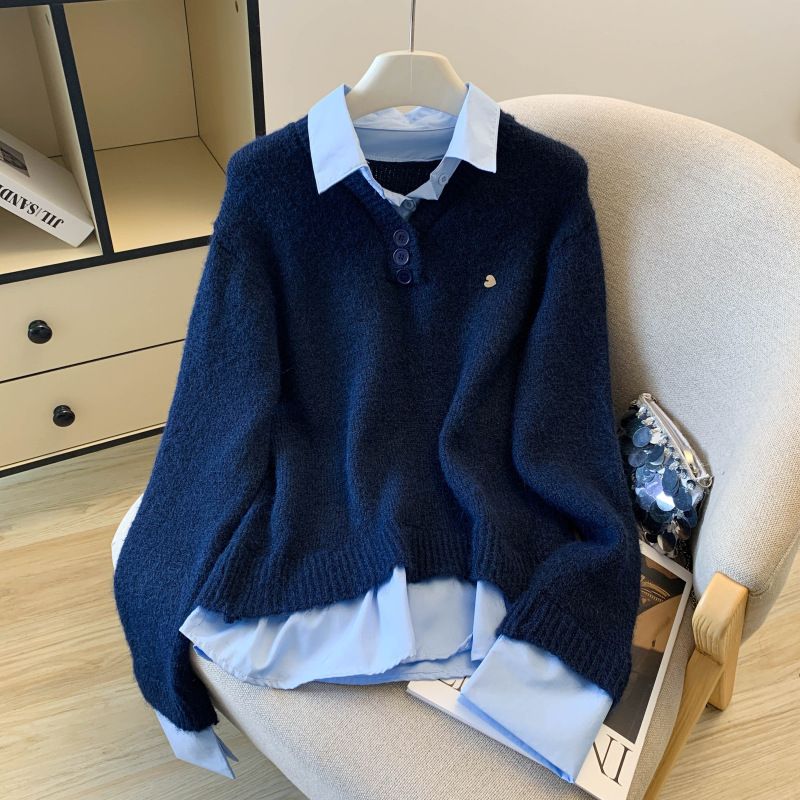 Abbigliamento da donna in stile coreano, camicia a strati e top in maglia, outfit autunnale da donna - grigio, bianco e blu_voghion.com