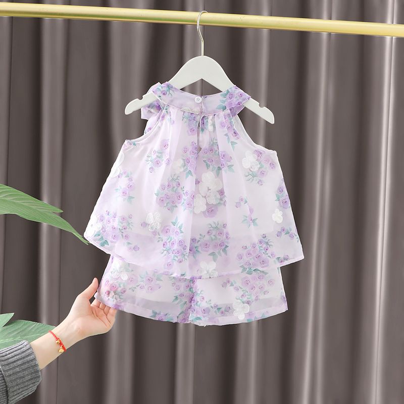 Mädchen Lila Rose Ärmelloses Puppe Hemd Kleid Kleines Mädchen kinder Baby Zwei Stück Set Sommer_voghion.com