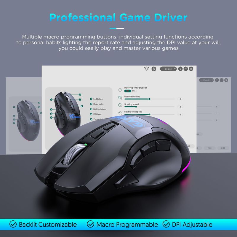 Mouse da gioco wireless Bluetooth a 9 tasti e doppia modalità 2.4G con personalizzazione macro, frequenza di polling di 1000 Hz, design ergonomico_voghion.com