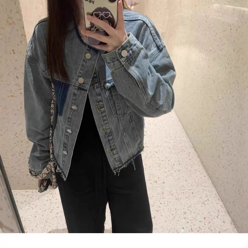 Gewaschene, farbblockierte Jeansjacke mit Fransen für Damen im Frühherbst AB Lang- und Kurzarmoberteil_voghion.com