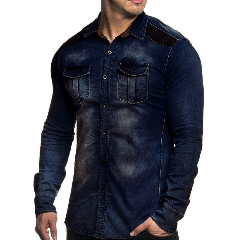 Erkek Giyim denim gömlek gençler gündelik süet renk bloklu yıkanmış denim uzun kollu ince gömlek_voghion.com