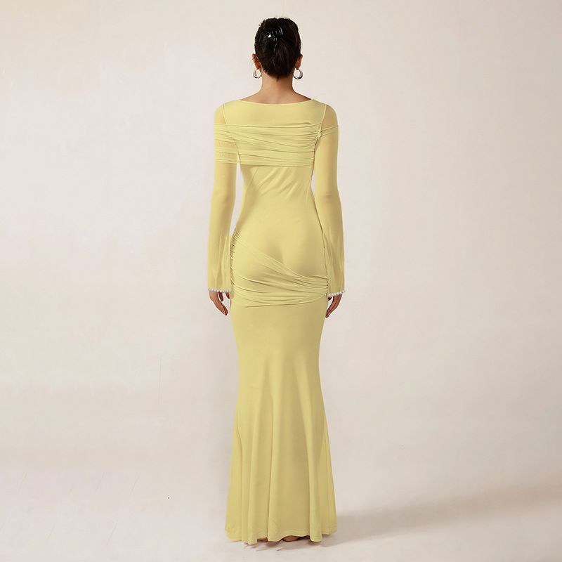 Elegante abito a maniche lunghe con pannello in rete – Abito aderente a vita alta con dettagli trasparenti (S-L, bianco/giallo, femminile e chic)_voghion.com
