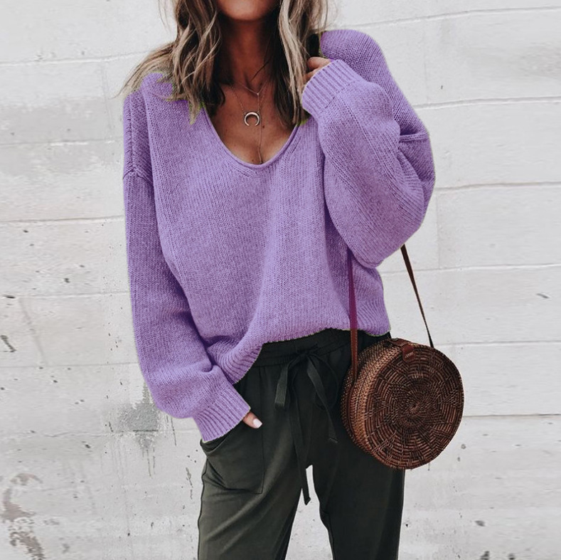 Abito da donna maglione da donna a maniche lunghe con scollo a V autunno e inverno_voghion.com