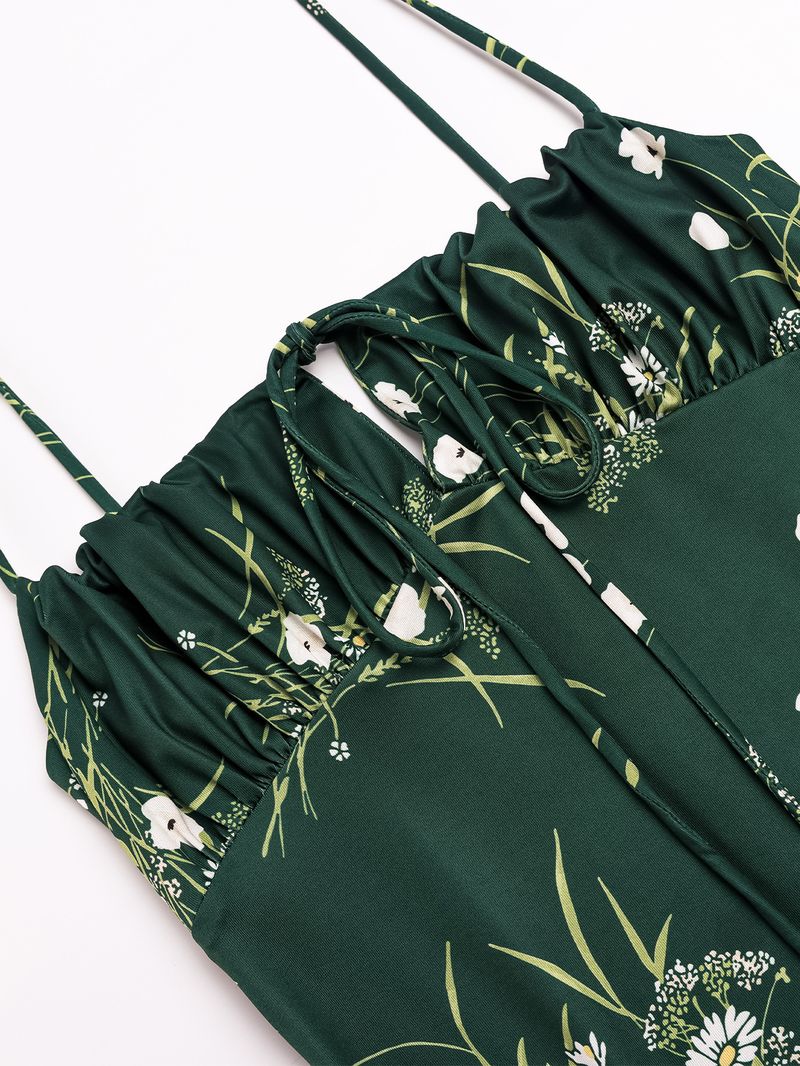 Women's Clothing Floral Pleated Backless Lace Up Suspender Long Skirt Hip Wrapped Fishtail Skirt European Size Is Larger_voghion.com