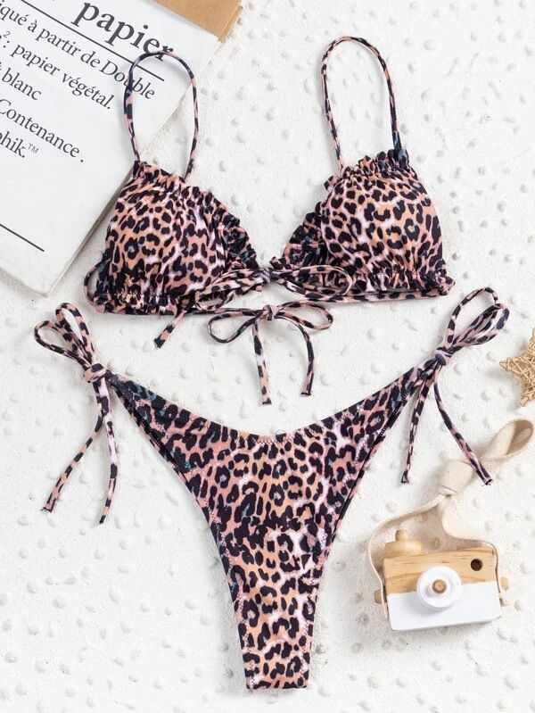 Women's Clothing Split Bikini Pleated Edge Leopard Print Sexy Belly Covering Split Swimsuit_voghion.com