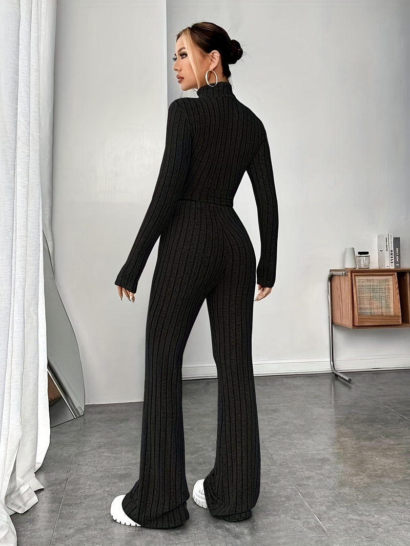 Women's tight fashion solid color pit strip set long sleeve sweater base_voghion.com