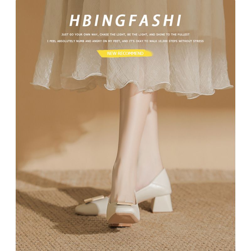 Rindsleder Echtes Leder Nischendesign Elegant Vielseitig Pendeln Flache High Heels Blockabsatz Quadratische Zehenpartie Single_voghion.com
