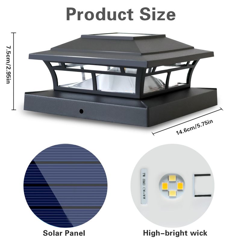 Pilar de iluminação solar LED para áreas externas - Luz quente/branca ajustável para postes de jardim, caminhos e portões (10 W, ABS IP65, modelo DC-101, pacote com 2)_voghion.com