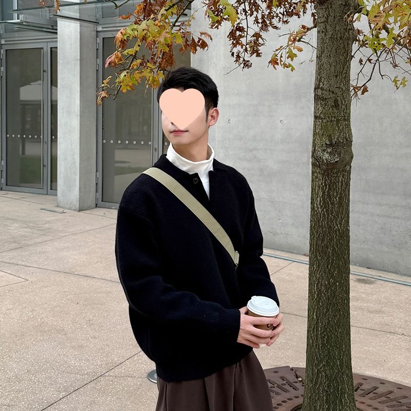 Schwarzer Pullover mit Umlegekragen, gestricktes Basishemd für Männer, Frühling 2025, neuer lässiger Langarmpullover im lockeren Stil_voghion.com