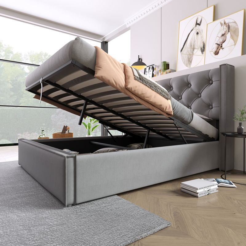 Cadre de lit coffre hydraulique avec sommier à lattes, lit double rembourré moderne 140 x 200 cm, tissu coton, gris, structure en métal_voghion.com