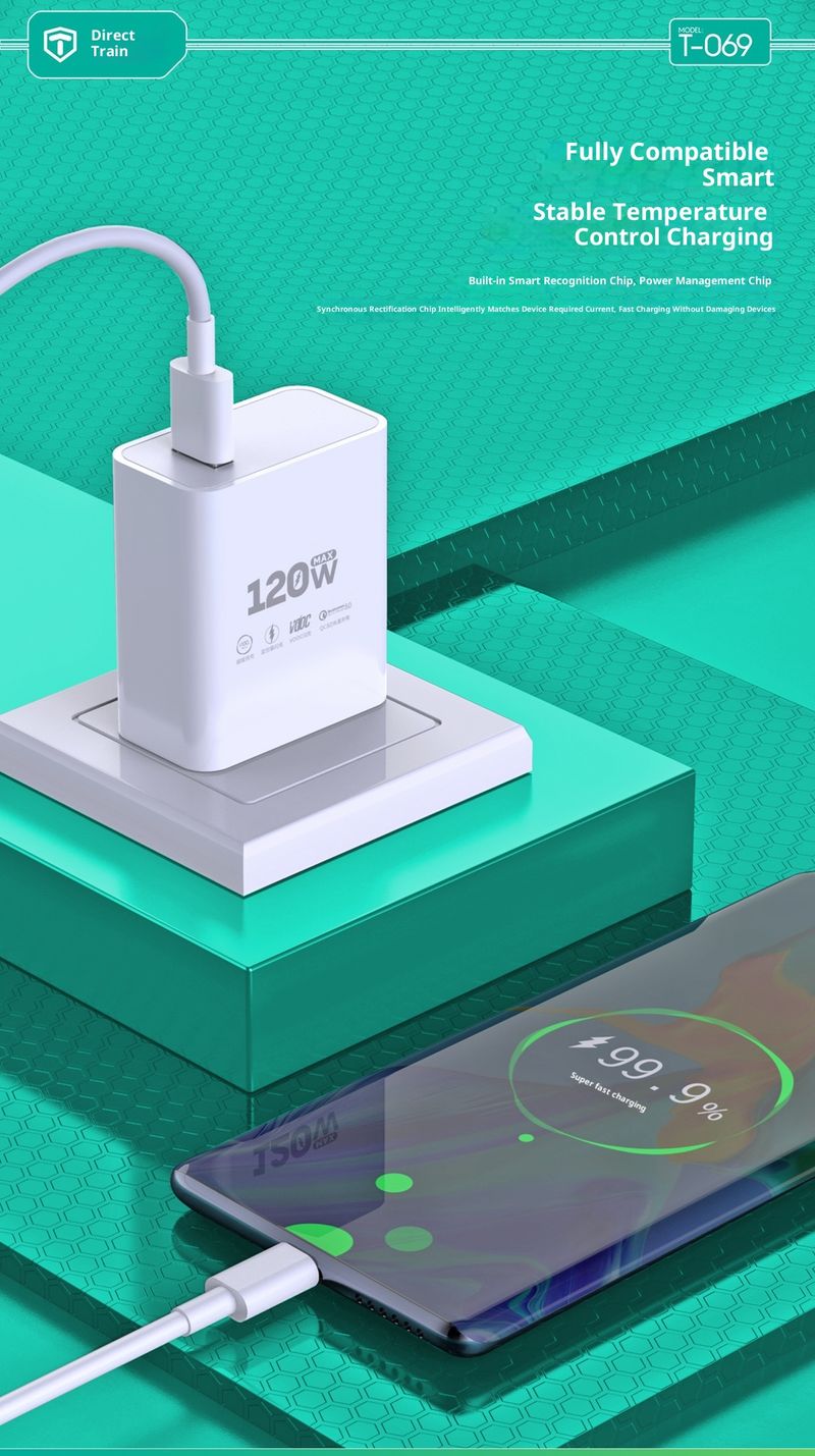 Chargeur ultra-rapide 120 W compatible avec les téléphones Xiaomi, Huawei et Vivo, avec câble de charge rapide 6 A._voghion.com