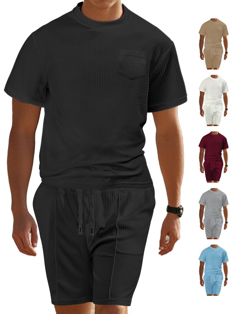 Herrenbekleidung Sommer Sport Freizeit Locker Dünn Waffel Kurzarm Shorts Anzug_voghion.com