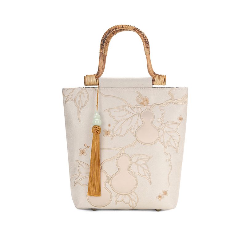 Fortune And Prosperity Double Full Wooden Handle Ancient Style Banquet Handbag Cheongsam Hanfu Handheld Bucket Bag_voghion.com