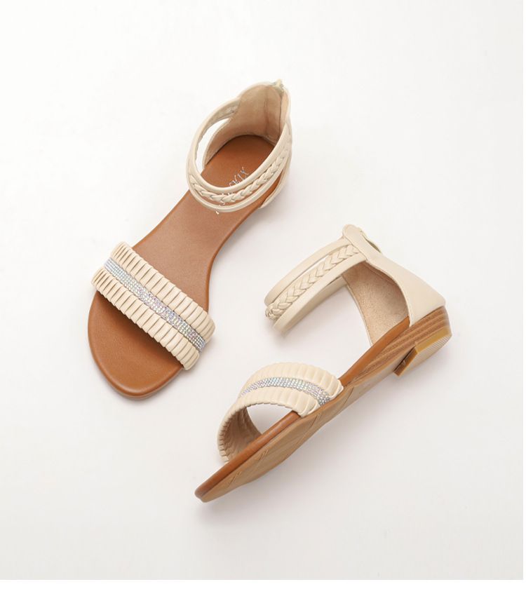 wedge sandals for women round head rhinestone fairy style one-word Roman sandals for women_voghion.com