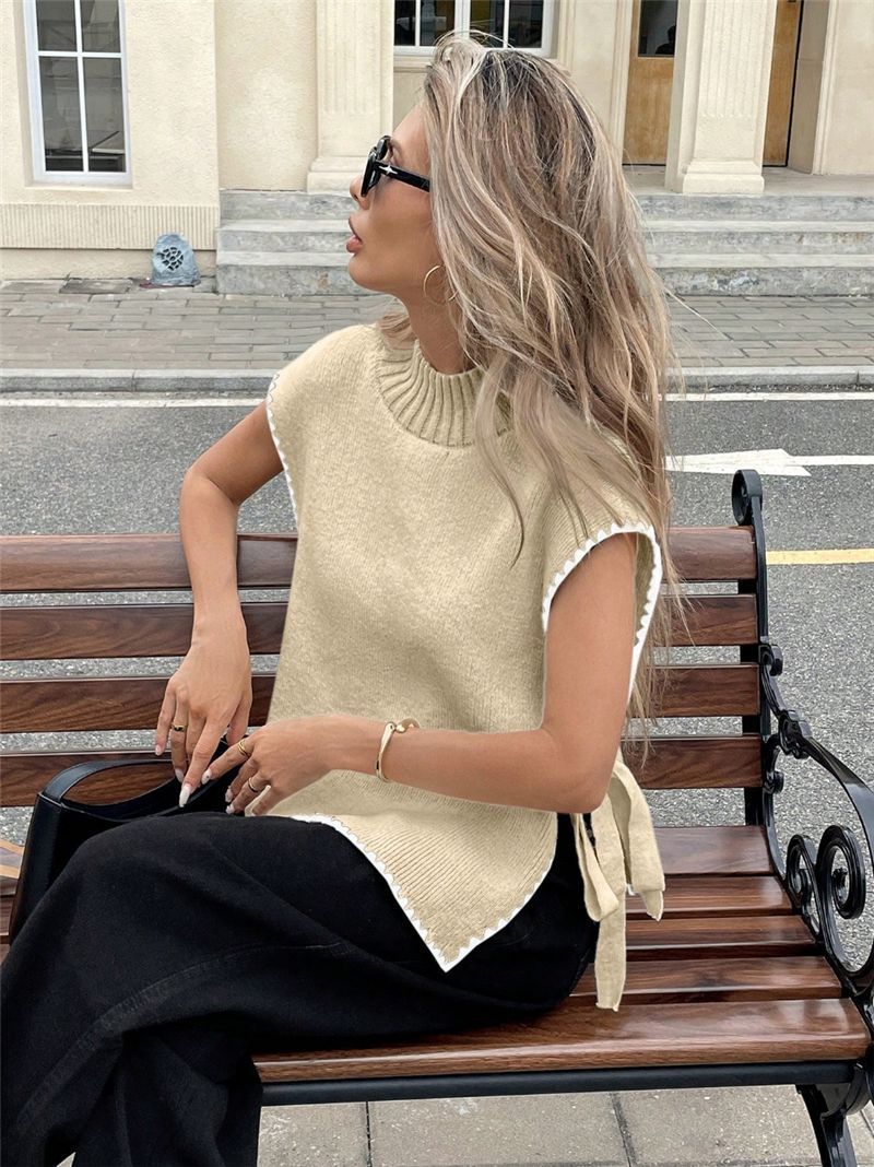 Dameskleding Dames Mouwloos Trui Vest Eenvoudig Ontwerp Contrasterende Kleur Strik Top_voghion.com