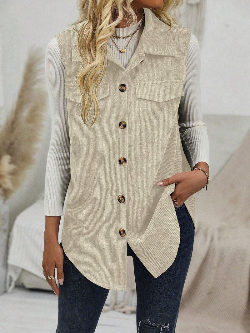 Gilet spolverino in velluto a coste da donna – Giacca lunga con bottoni e colletto a revers, cardigan casual da ufficio color cammello, capo essenziale per un look a strati in poliestere_voghion.com